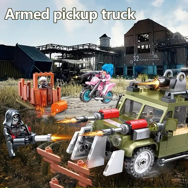 363pcs Armed Truck with Motorcycle Building Blocks Toy Set, Model Display, Festive Gift, Ornament, Halloween Christmas, Plastic, Military Green