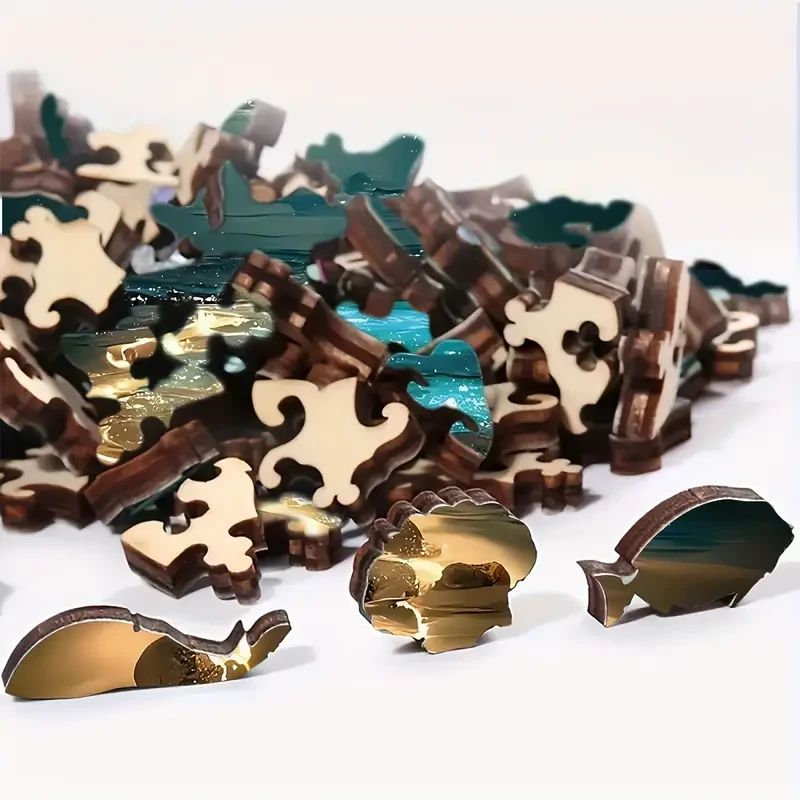 Unique Moonlit Beach Wooden Puzzle - Animal-Shaped Brain Teaser for Adults
