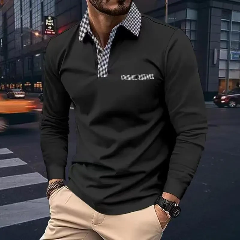 Leisure Plaid Lapel Polo Shirt Fashion Solid Color Long Sleeve Tops Men's