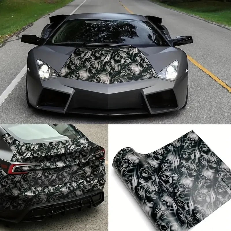 Skull Graffiti Vinyl Car Wrap - 50.01x150.01cm, Waterproof & Scratch-Resistant