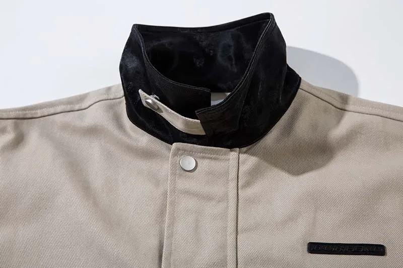 Vintage Crumpled Letters Polo Collar Jacket Men's Clothing Baggy Coat