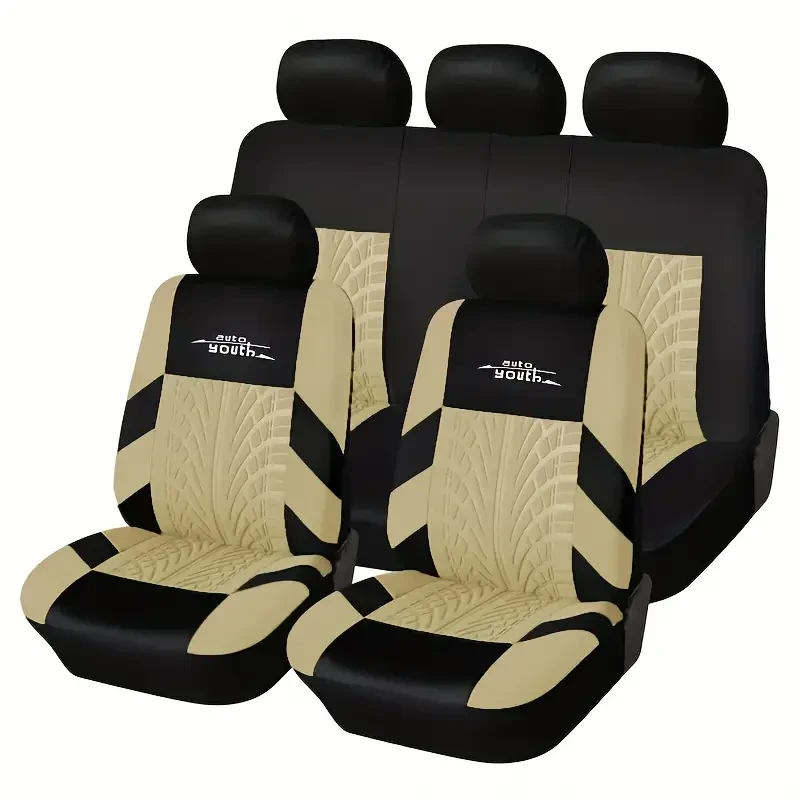 5-Seat Universal Fit Premium Car Seat Cover Set - Durable Polyester Fabric with Sponge Filling, Water-Resistant, Stain-Proof, Breathable, Easy to Clean, Fashionable Elegant Designs - All-Season Car Interior Accessories for Most Vehicles