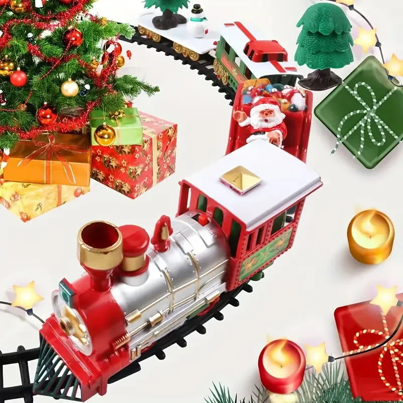 1 Set Christmas Electric Train Set, Battery Powered Toy Train with Santa Claus and Snowman Figures, Holiday Gift for Boys and Girls