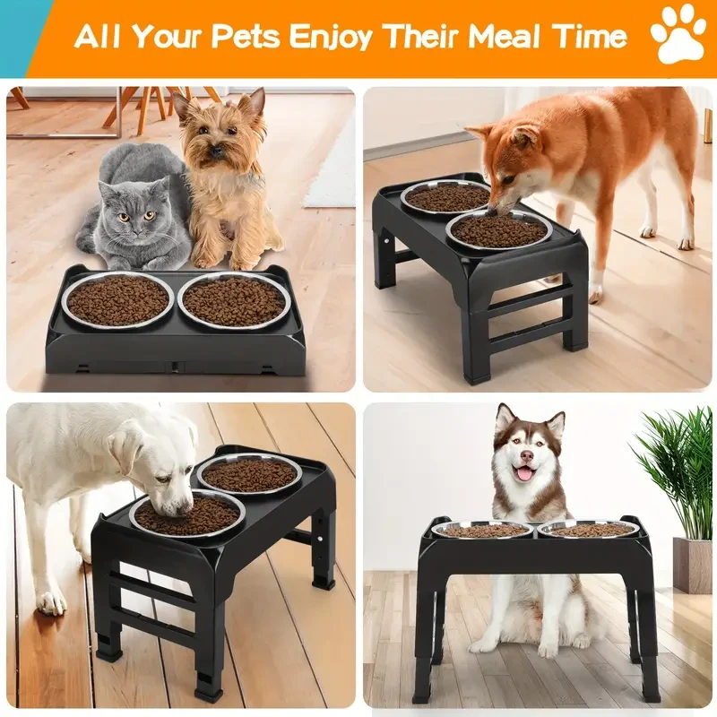 4-Height Adjustable Elevated Dog Bowls Stand  2 Stainless Steel Bowls for Large & Medium Dogs