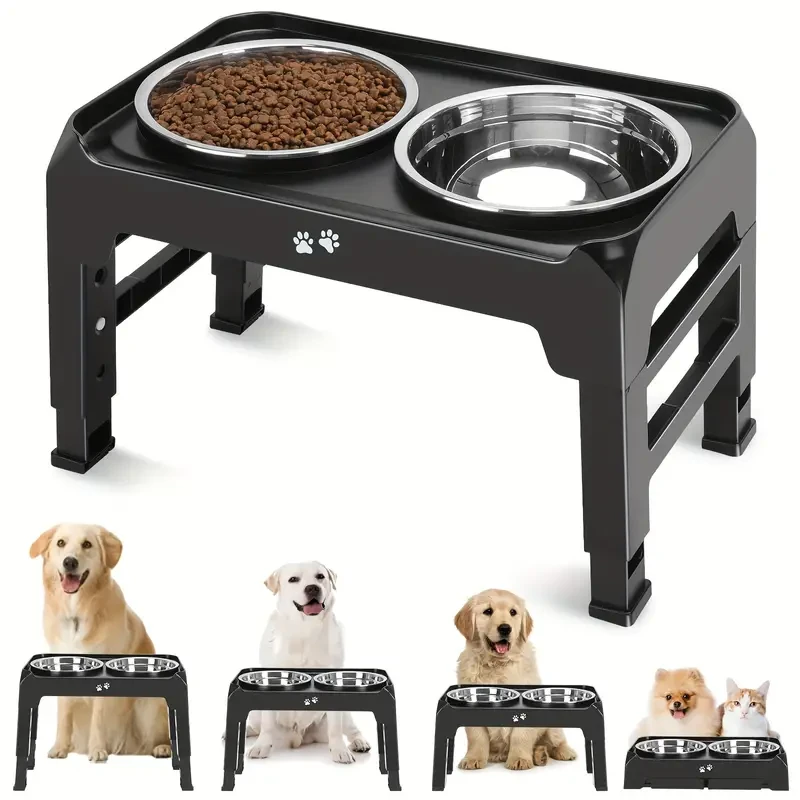 4-Height Adjustable Elevated Dog Bowls Stand  2 Stainless Steel Bowls for Large & Medium Dogs