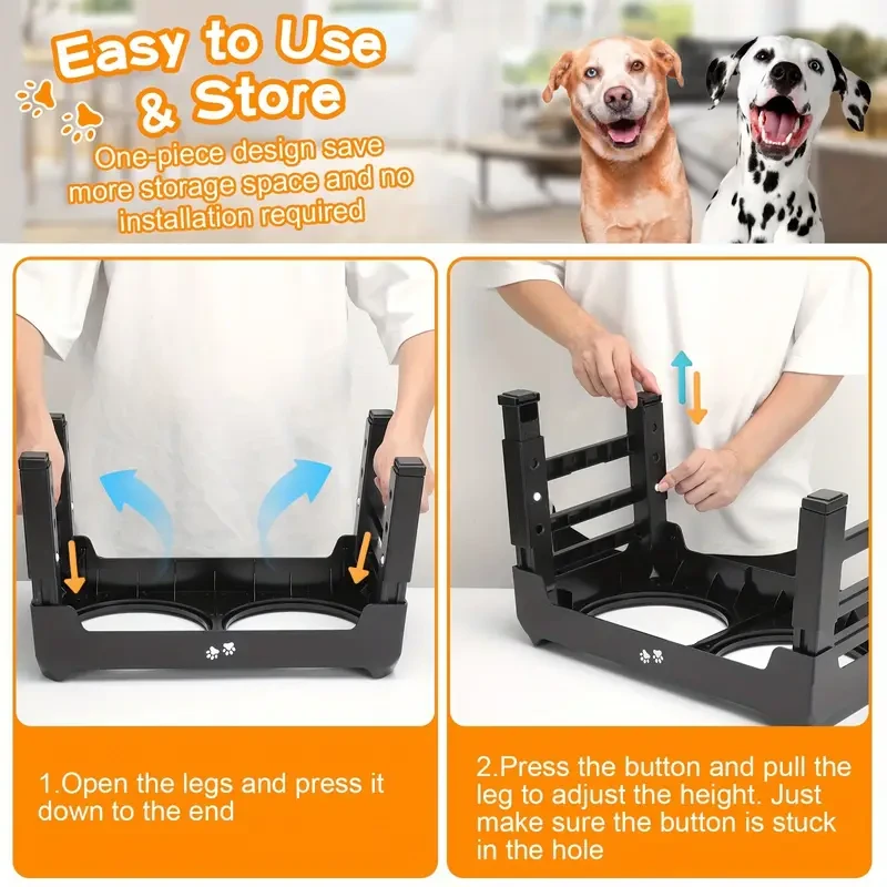 4-Height Adjustable Elevated Dog Bowls Stand  2 Stainless Steel Bowls for Large & Medium Dogs