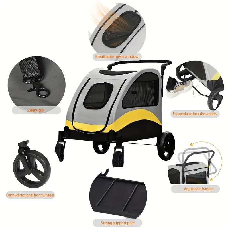 4 Wheels Pet Travel Stroller:Foldable Dog Jogger Wagon Stroller Zipper Divider Outdoor Travel Stroller Breathable Large Dog Pushchair Cat And Dog Trolley With 78cm Entry Door Load Up To 45kg