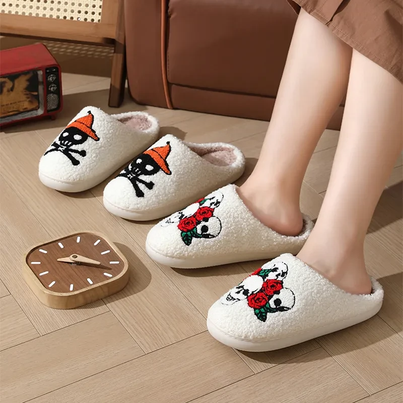 Halloween Skull Rose Slippers Winter Warm Indoor Floo