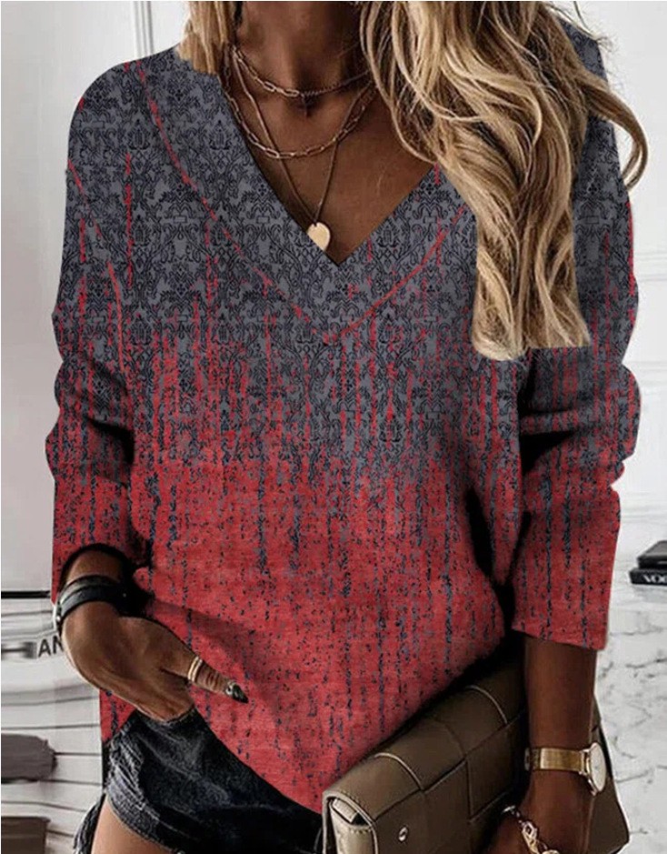 Long Sleeve V-neck Floral Style Women's Shirt