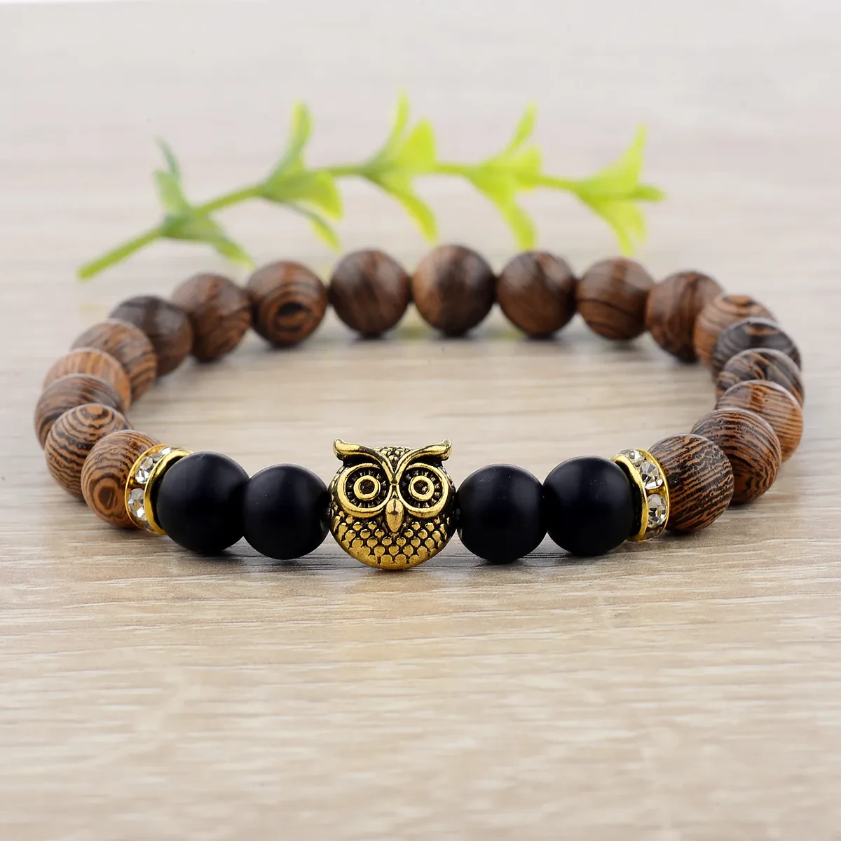 Owl Frosted Stone Wood Bracelet