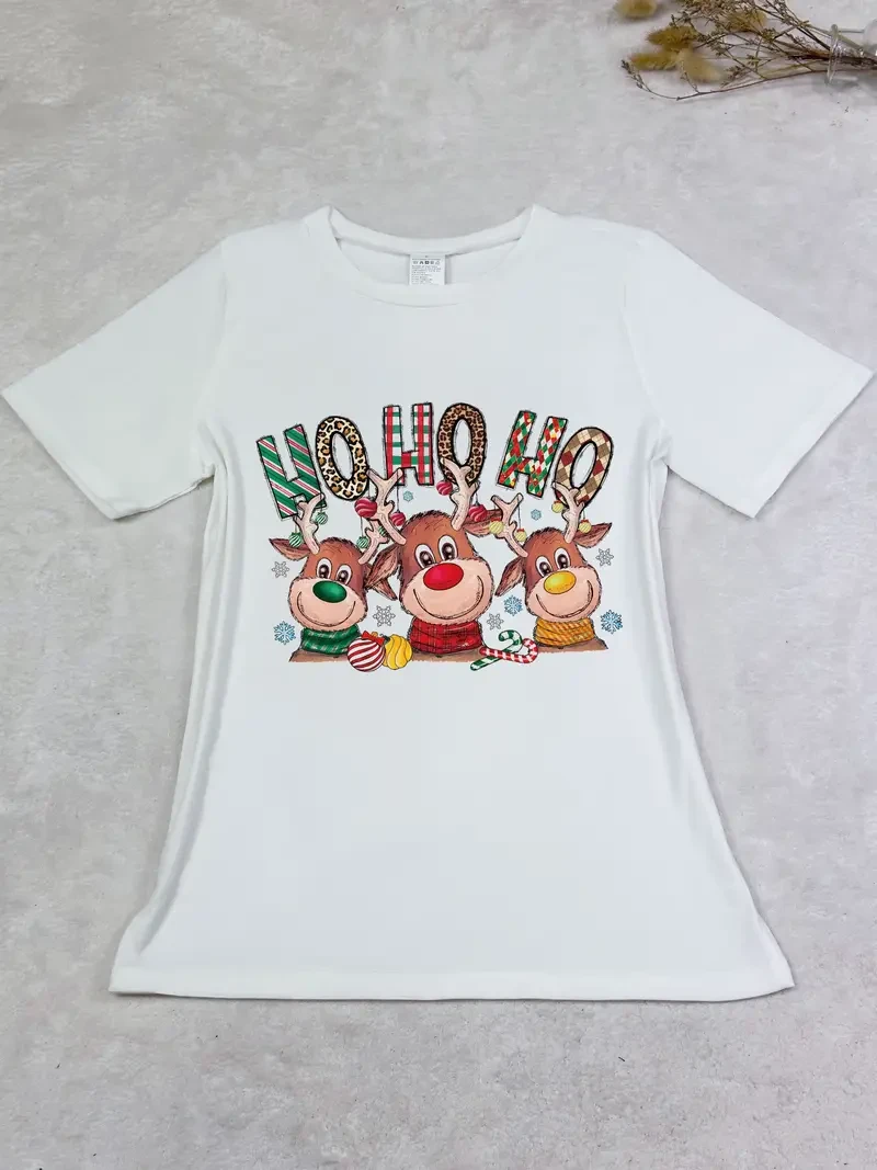 Cozy Christmas Deer Graphic Tee - Soft Casual Short Sleeve Crew Neck Top, Comfortable Women's Clothing for Holiday Season