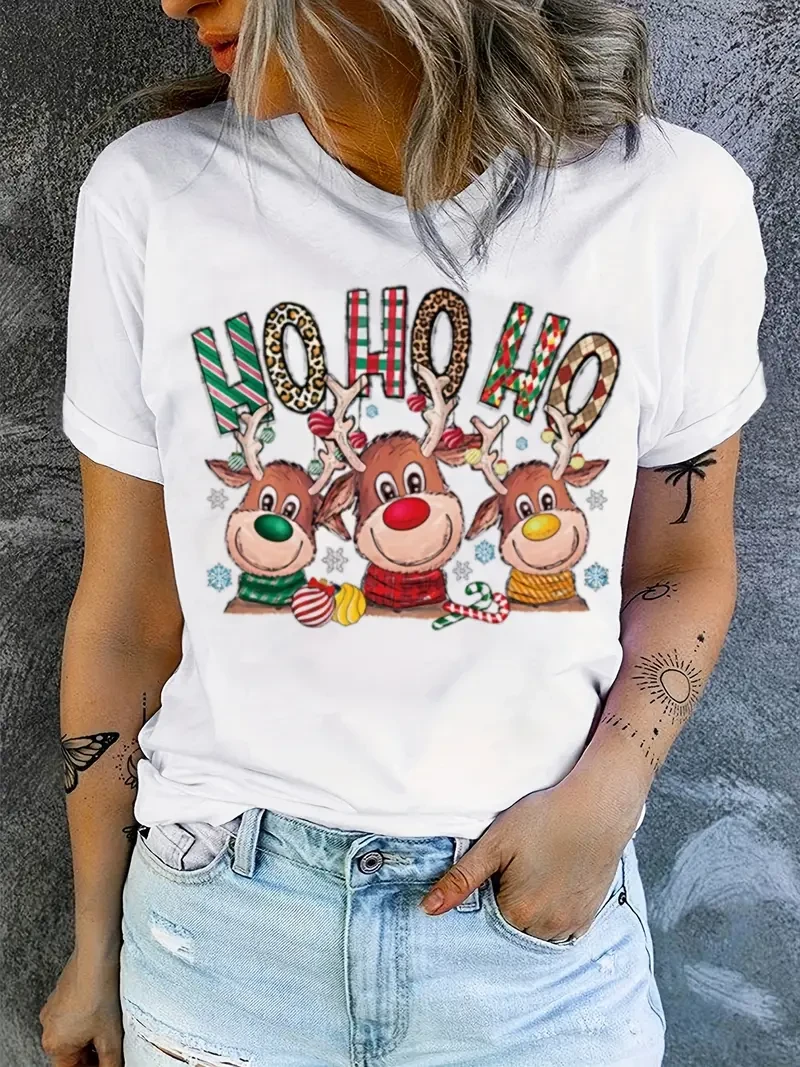 Cozy Christmas Deer Graphic Tee - Soft Casual Short Sleeve Crew Neck Top, Comfortable Women's Clothing for Holiday Season