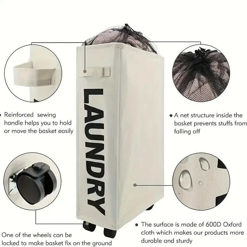 Narrow Slim Laundry Basket  Collapsible Hamper with Wheels & Handle