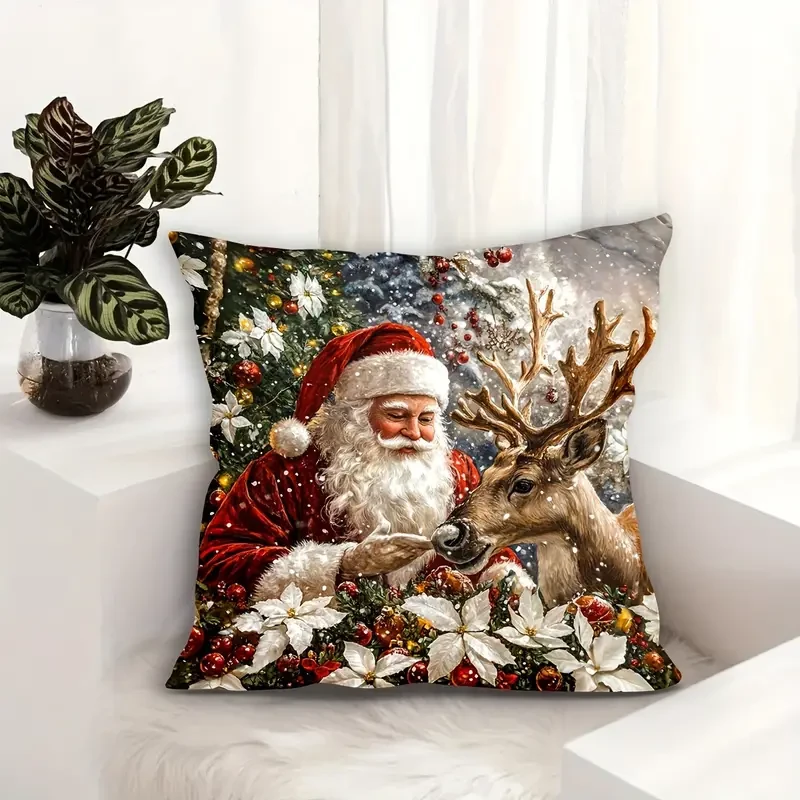 Christmas Santa and Reindeer Pattern Soft Velvet Throw Pillow Cover 44.96x44.96 cm, Zipper Closure Decorative Cushion Case for Living Room - Machine Washable, Modern Style Single-Side Print, Polyester - 1pc
