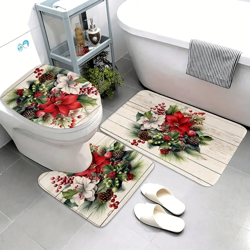 3-Piece Christmas Pine Needles Pattern Bathroom Rug Set - Soft, Washable, Non-Slip, and Machine Made - U-Shaped Bath Mat, Contour Mat, and Toilet Lid Cover for Bathroom and Bedroom Decor