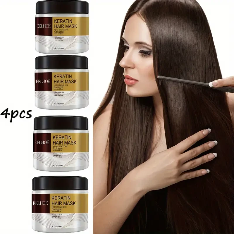 4-Pack Unisex-Adult Keratin Hair Mask with Collagen and Coconut Oil - Deep Conditioning Cream for Long Hair, Moisturizes, Repairs Split Ends/Dry/Damaged Hair for All Types