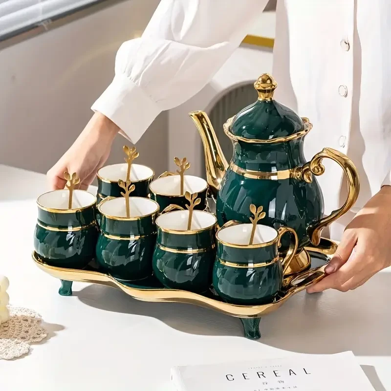 Elegant Ceramic Tea Set: Luxurious Green and Golden Water Kettle with Six Cups and a Tray - Perfect for Tea Time