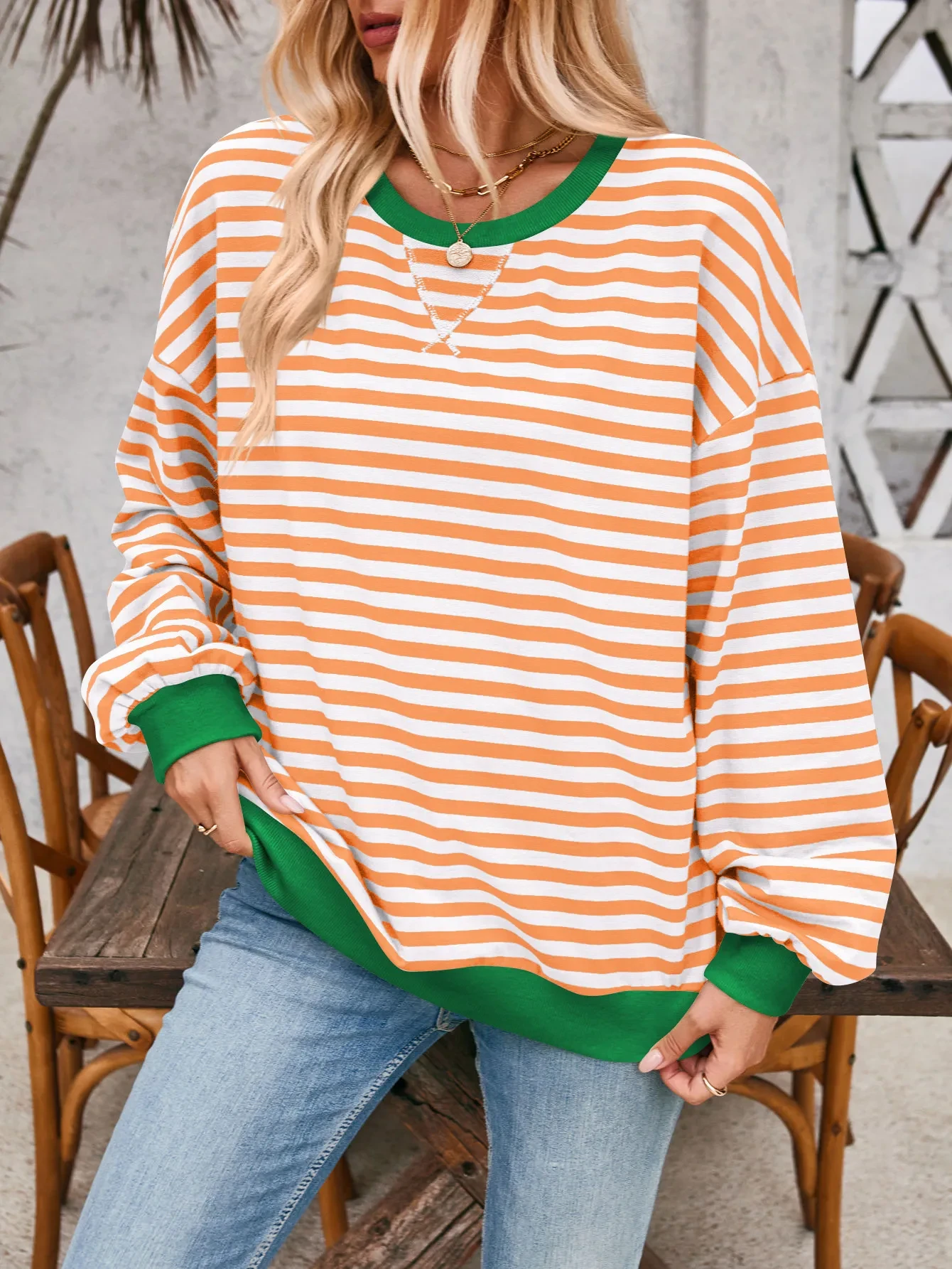 Loose Striped Long Sleeve T-shirt Casual Pullover Sweater For Womens Clothing