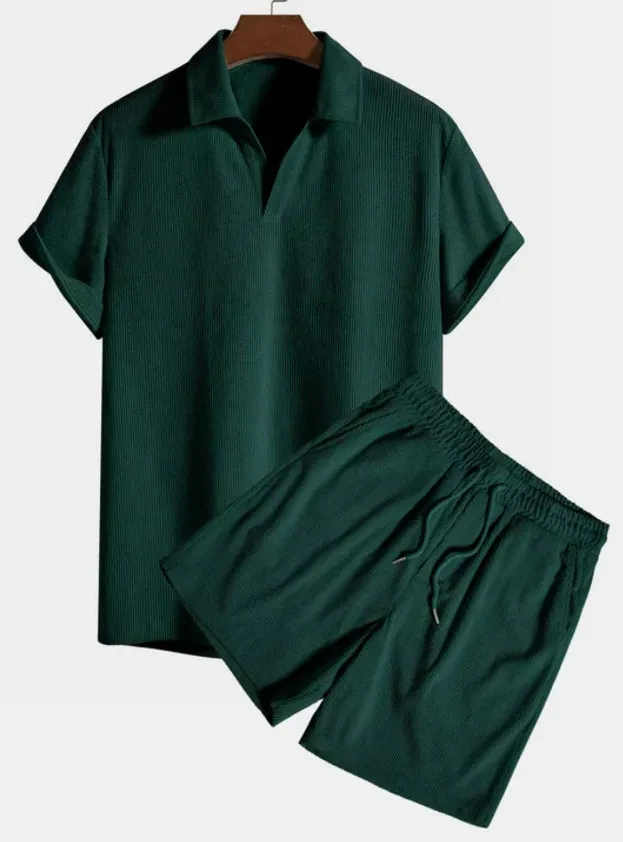 European And American Leisure Loose Multi-color Beachwear Corduroy Short Sleeve Suit Two-piece Set