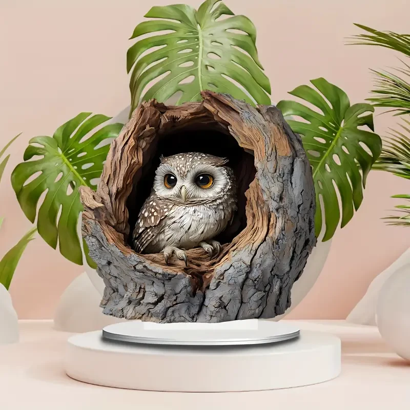 Boho Style Acrylic Owl Stump Decorative Plaque with Stand