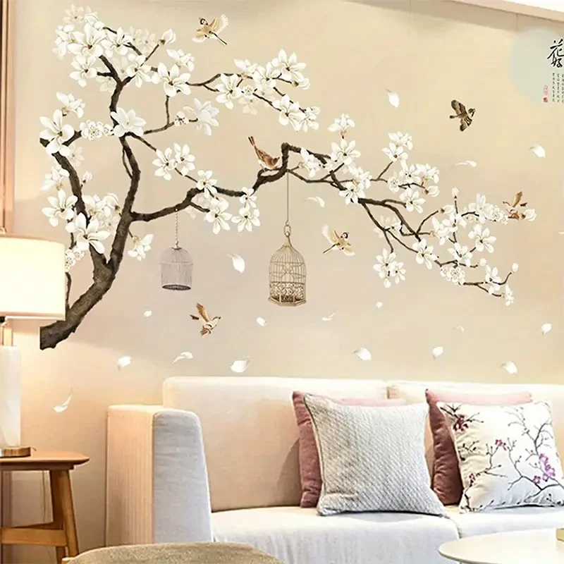 Chinese-Style Wall Stickers  Flying Birds & White Flowers