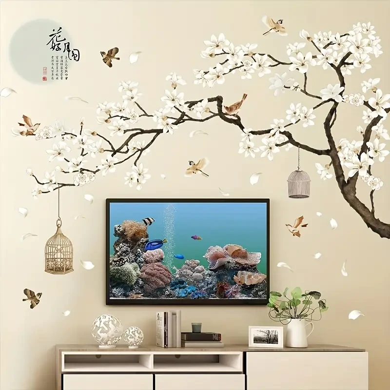 Chinese-Style Wall Stickers  Flying Birds & White Flowers