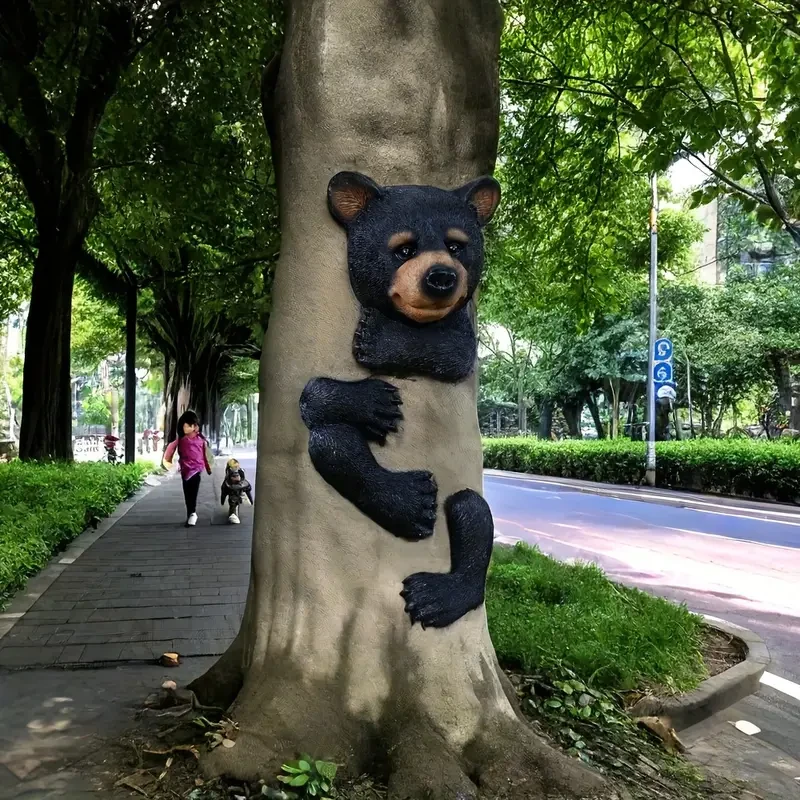 Resin Black Bear Tree Hugger Sculpture  Garden Decoration