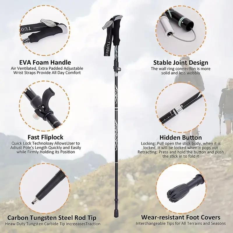 Aluminum Alloy Hiking Pole, Ultralight Foldable Trekking Stick With Anti-Slip EVA Handle And Storage Bag, Adjustable 110-130cm