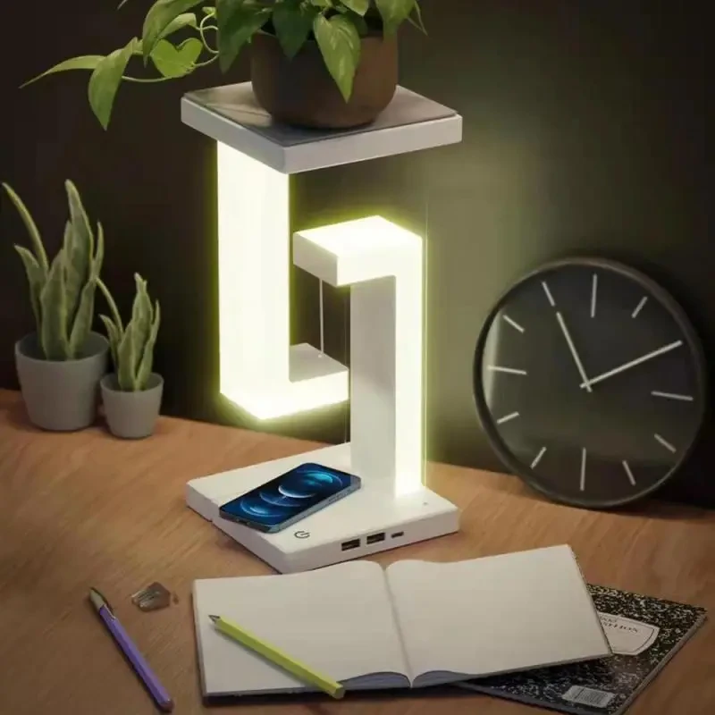 Foldable LED Table Lamp with Suspended Anti-Gravity Wireless Charging, Adjustable Arm and Modern Bedroom/Livingroom Lighting Decoration
