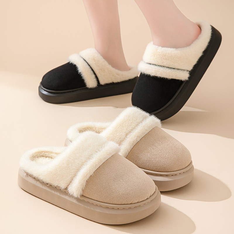 Womens Warm Cotton Slippers  Thick Bottom, Non-slip Plus-Velvet Suede House Shoes