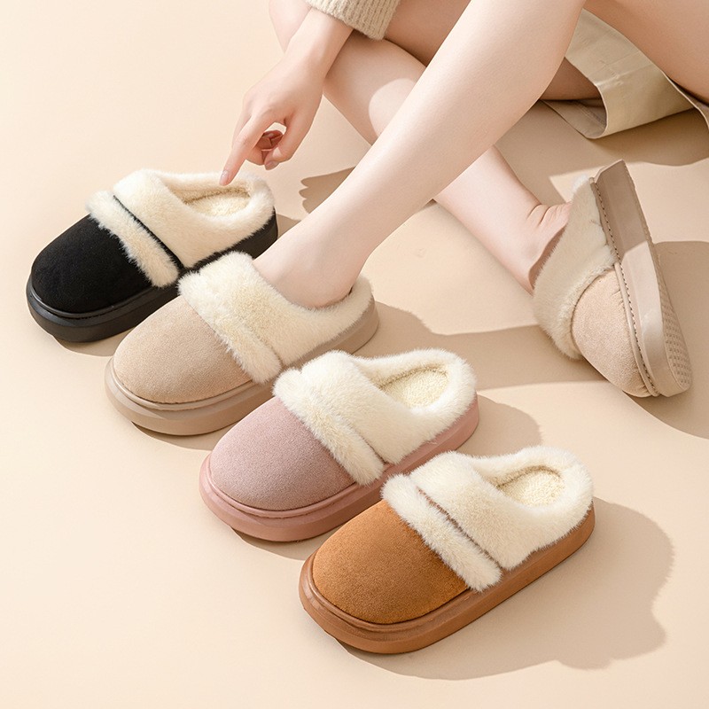Womens Warm Cotton Slippers  Thick Bottom, Non-slip Plus-Velvet Suede House Shoes