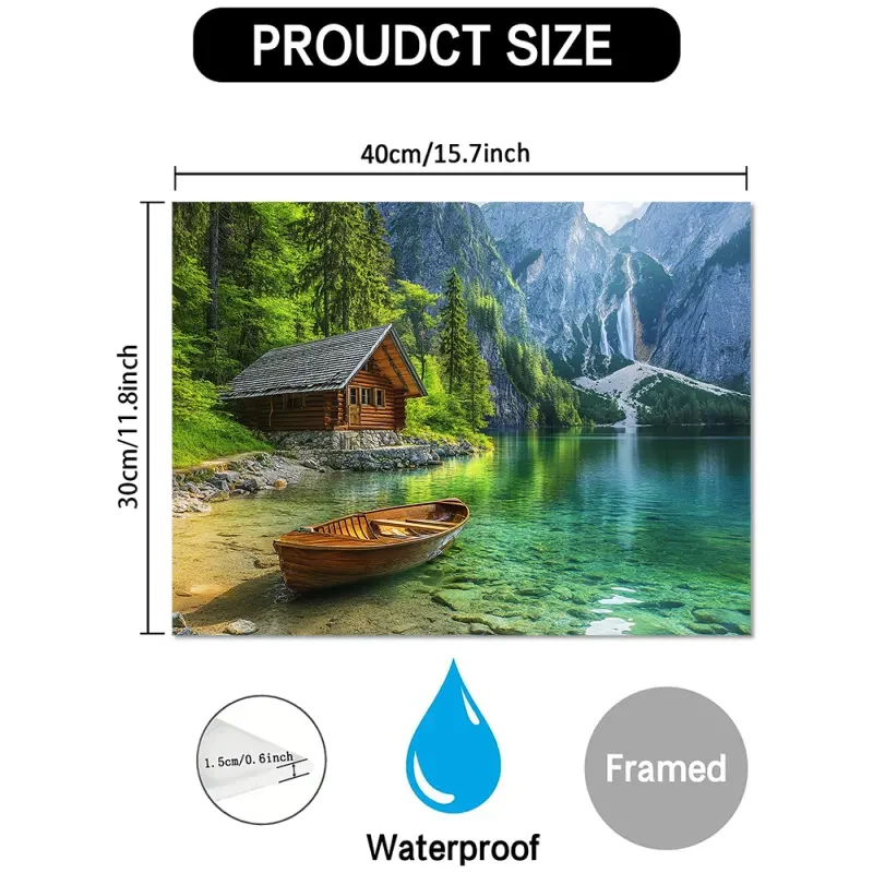 29.97x39.88cm, Serene Log Cabin by Water with Boat