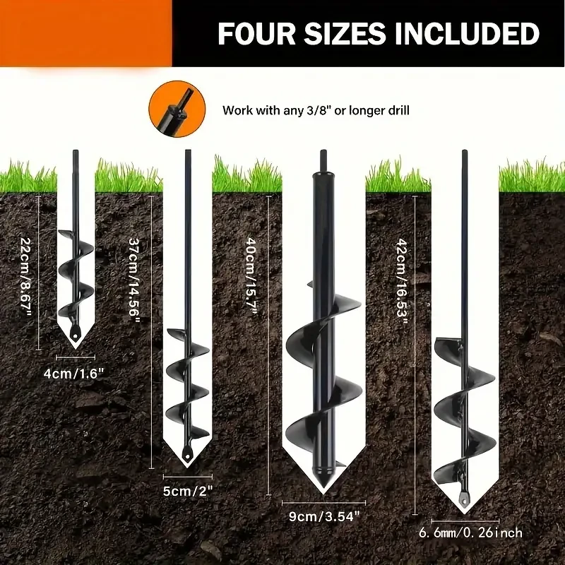 KENDO 4-Piece Auger Drill Bit Set, Carbide Spiral for Planting