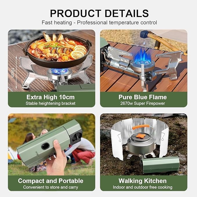 Orifesio Foldable 2600W Camping Stove  Portable Butane Stove with Windshield & Storage Bag for Camping, Hiking & Travel