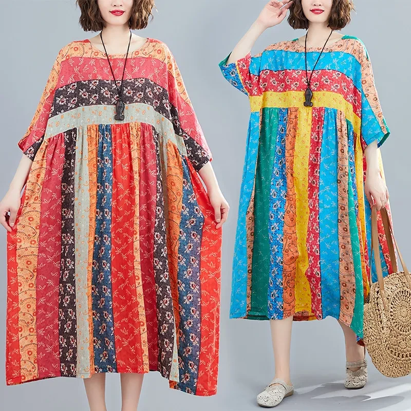 Summer Print Long Skirt Loose A-line Skirt Fat Woman Dress