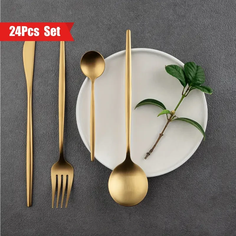 Golden Stainless Steel 304 Cutlery Set Dinner Knife Fork Spoon 24pcs Gift Set