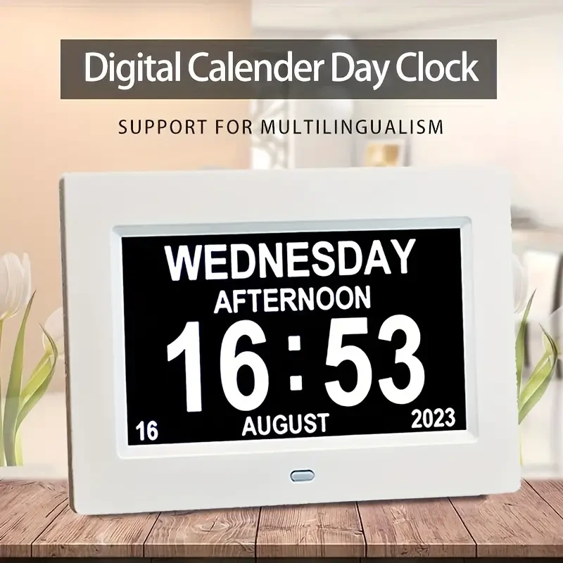 Digital Calendar Day Alarm Clock, Photo Frame Media Player, Auto Dimmable And Sun Moon Icons, 4 Alarm Options & 10 Languages