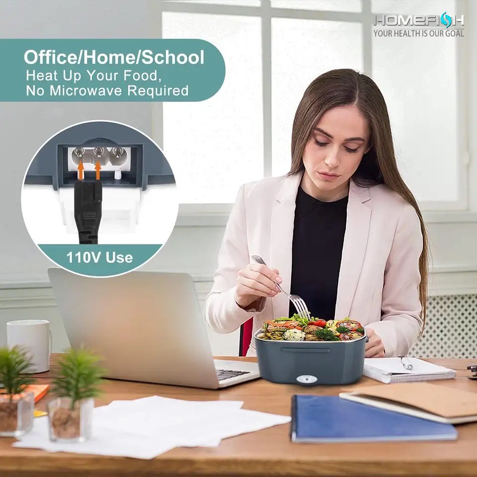 HOMEFISH 1.5L Electric Lunch Box Food Warmer  Portable 60W Food Heater with Leak-Proof 304 Stainless Steel Liner