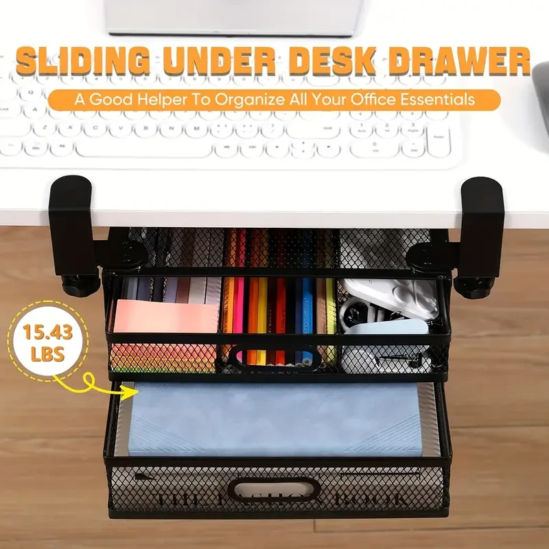 Metal Under Desk Drawer Organizer, 26x13.5x21cm, Dual Sliding Drawers, Drill-Free Secure Clamps