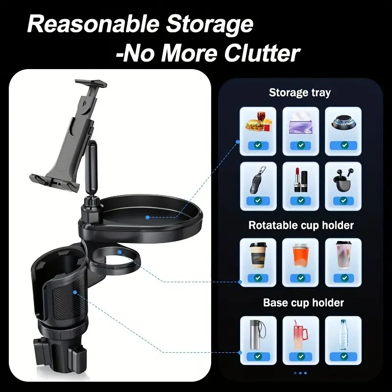 4-in-1 Car Cup Holder Tray & Tablet/Phone Mount