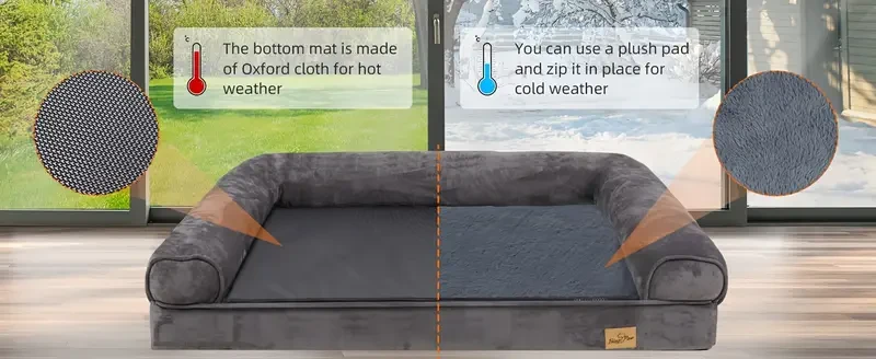 Extra Large Dog Sofa Bed Memory Foam Calming Orthopedic Pet Mattress Cushion Waterproof Bolster Dog Couch Bedding with Pillow and Removable Washable Cover Grey