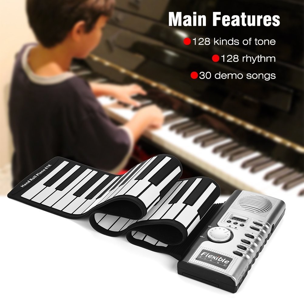 Portable 61-Key Roll Up Piano  Flexible ABS Plastic & Silicone Rubber Electronic Soft Keyboard