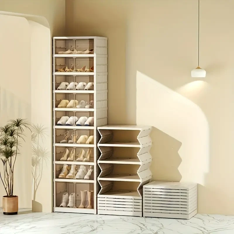 9-Layer Transparent Door Folding Shoe Cabinet - Dustproof, Free Installation Shoe Rack and Organizer for Living Room Storage