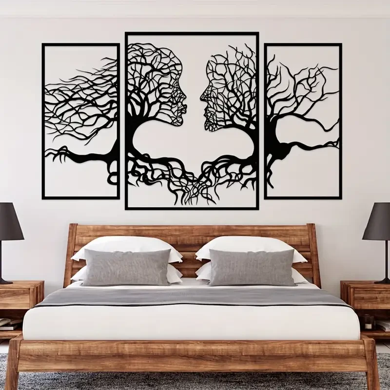 Art Deco Black Metal Love Tree Silhouette Wall Art - Abstract Figures Hanging Sculpture