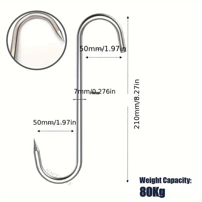 5Pack Stainless Steel Meat Hook Restaurant Butcher Meat Processing Tools. Hunting Gear Equipment Outdoor BBQ Smoker Grilling Tools Hanging Chunks Meat Jerky Drying For Kitchen, Market Hanging Bacon, Sausage