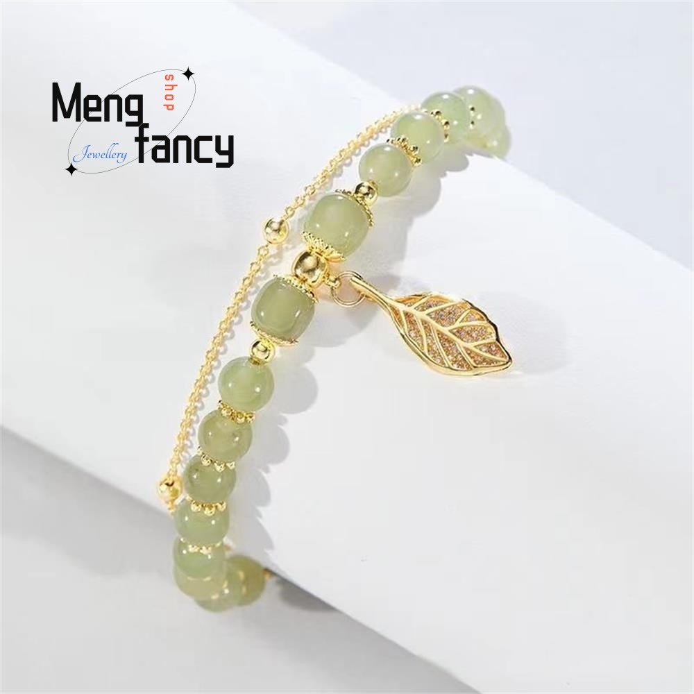 Natural Hetian Jasper Bracelet  Golden Branch & Jade Leaves for Womens Fashion Jewelry