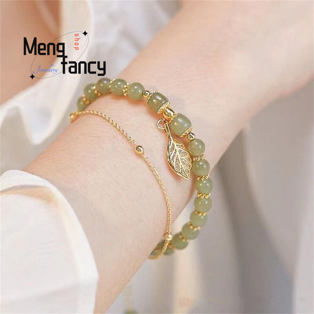 Natural Hetian Jasper Bracelet  Golden Branch & Jade Leaves for Womens Fashion Jewelry