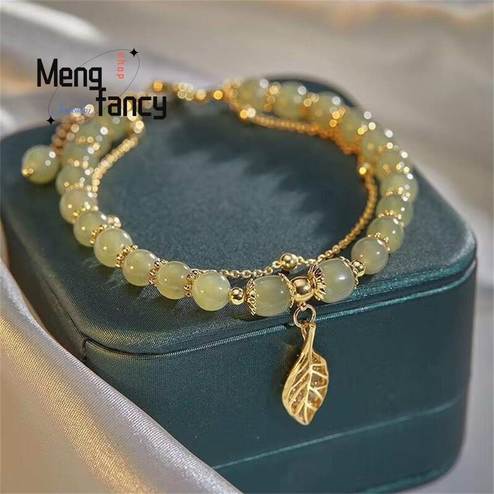 Natural Hetian Jasper Bracelet Golden Branch & Jade Leaves Charm