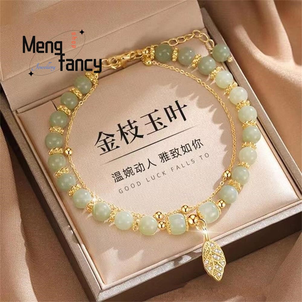 Natural Hetian Jasper Bracelet Golden Branch & Jade Leaves Charm