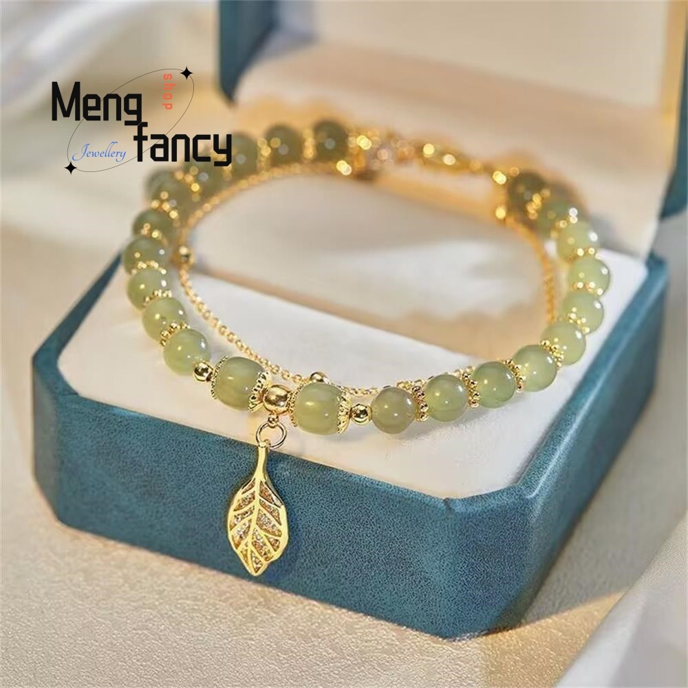 Natural Hetian Jasper Bracelet Golden Branch & Jade Leaves Charm